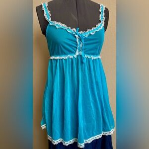Victorias Secret Sheer Mesh Lace Trim Blue White Babydoll Tank S